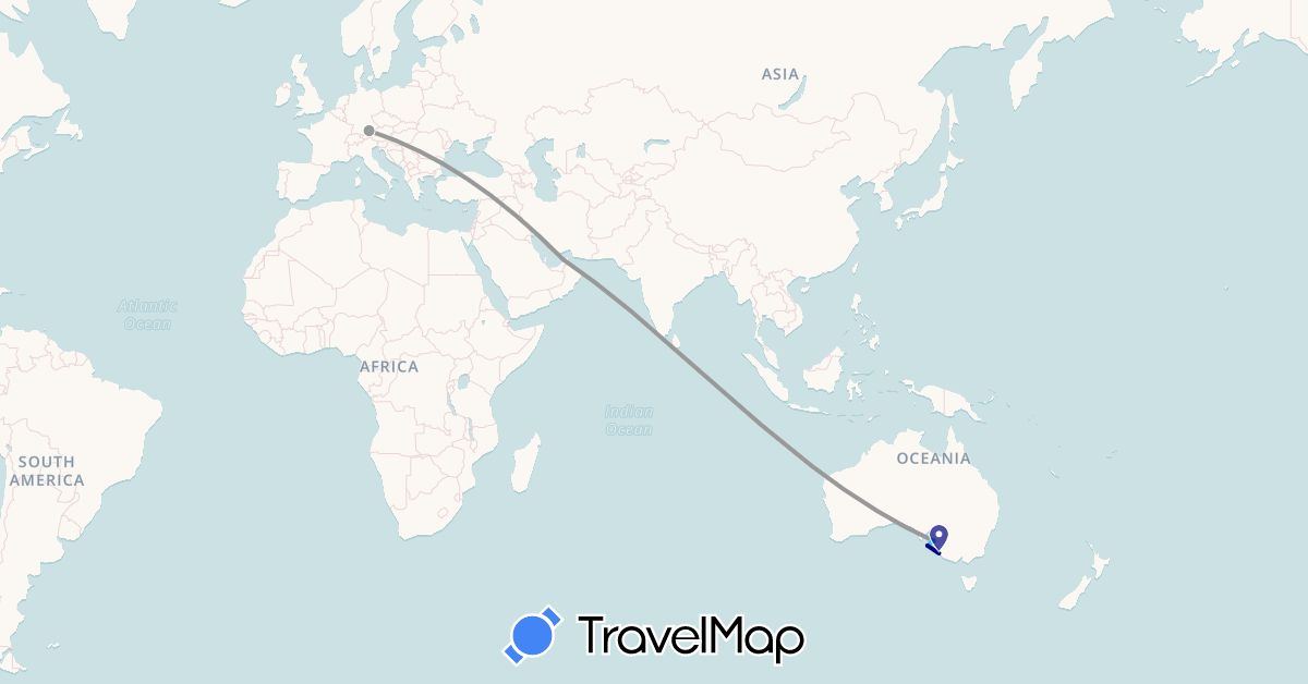 TravelMap itinerary: driving, plane, boat in United Arab Emirates, Australia, Germany (Asia, Europe, Oceania)